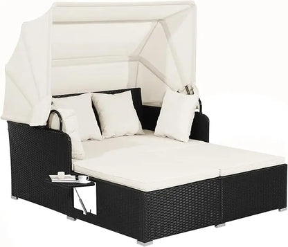 Patio Rattan Daybed, Wicker, Lounger, Retractable Canopy