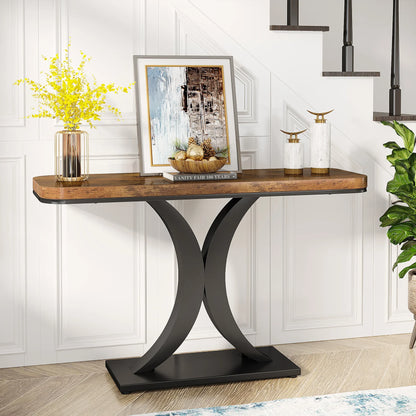 Entryway Table, 40", Narrow, Geometric Base, Rustic