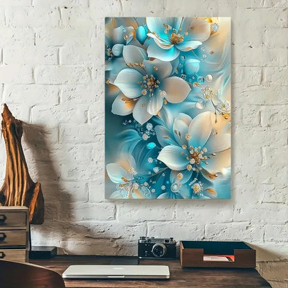 Blue & White Flowers Oil Painting, Framed, Gold Accents