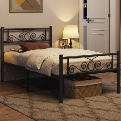 Twin Bed Frame, Metal Platform Bed, Headboard, Footboard, No Box Spring Needed