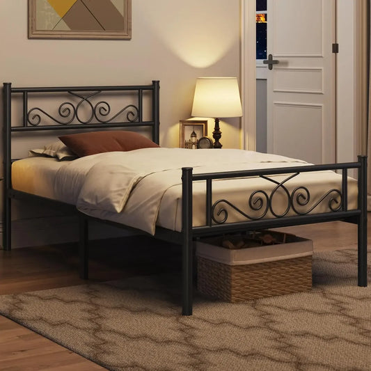 Twin Bed Frame, Metal Platform Bed, Headboard, Footboard, No Box Spring Needed
