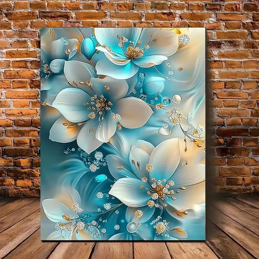 Blue & White Flowers Oil Painting, Framed, Gold Accents