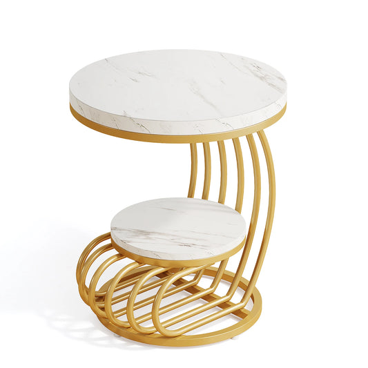End Table, Faux Marble Side Table with Storage Shelf, Nightstand