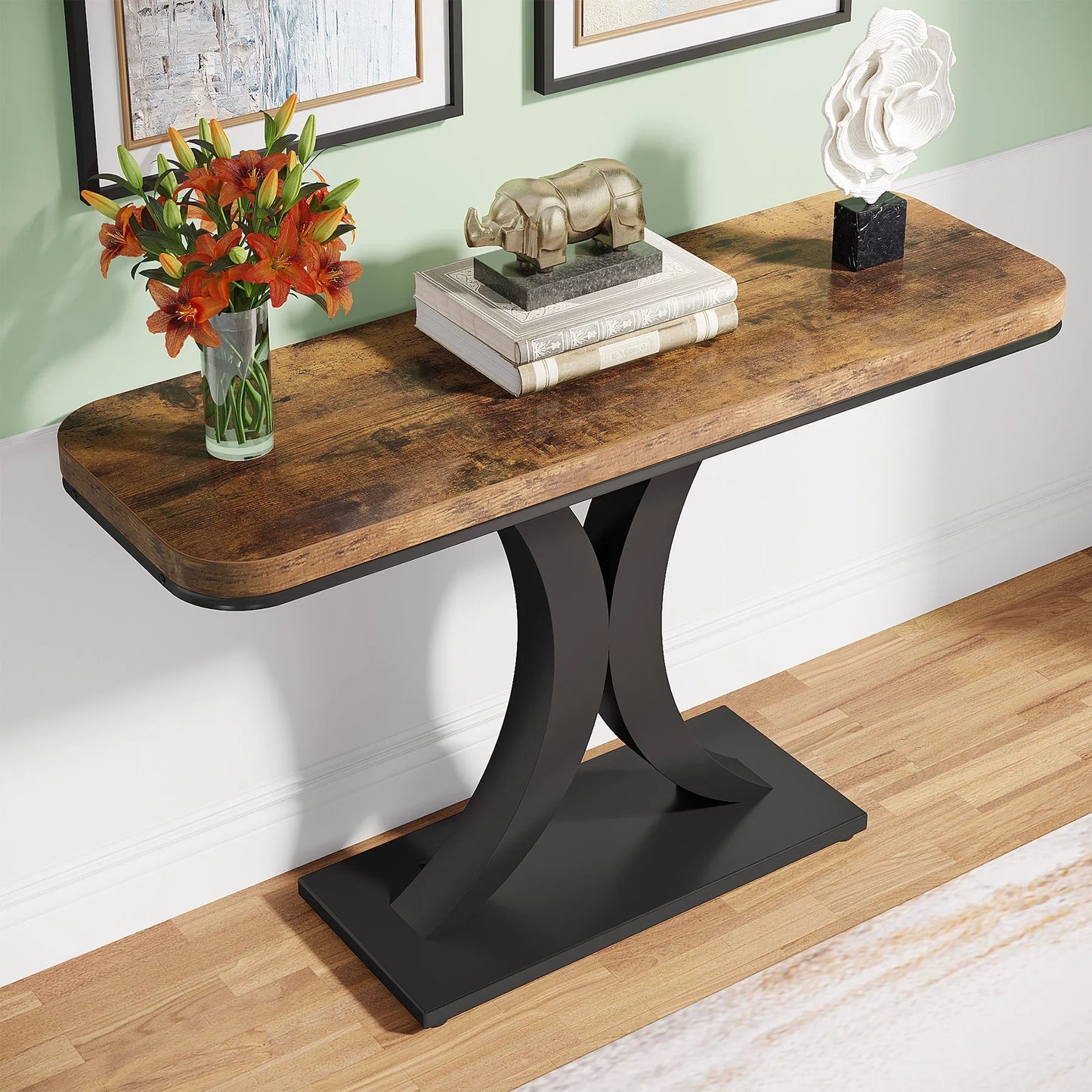 Entryway Table, 40", Narrow, Geometric Base, Rustic