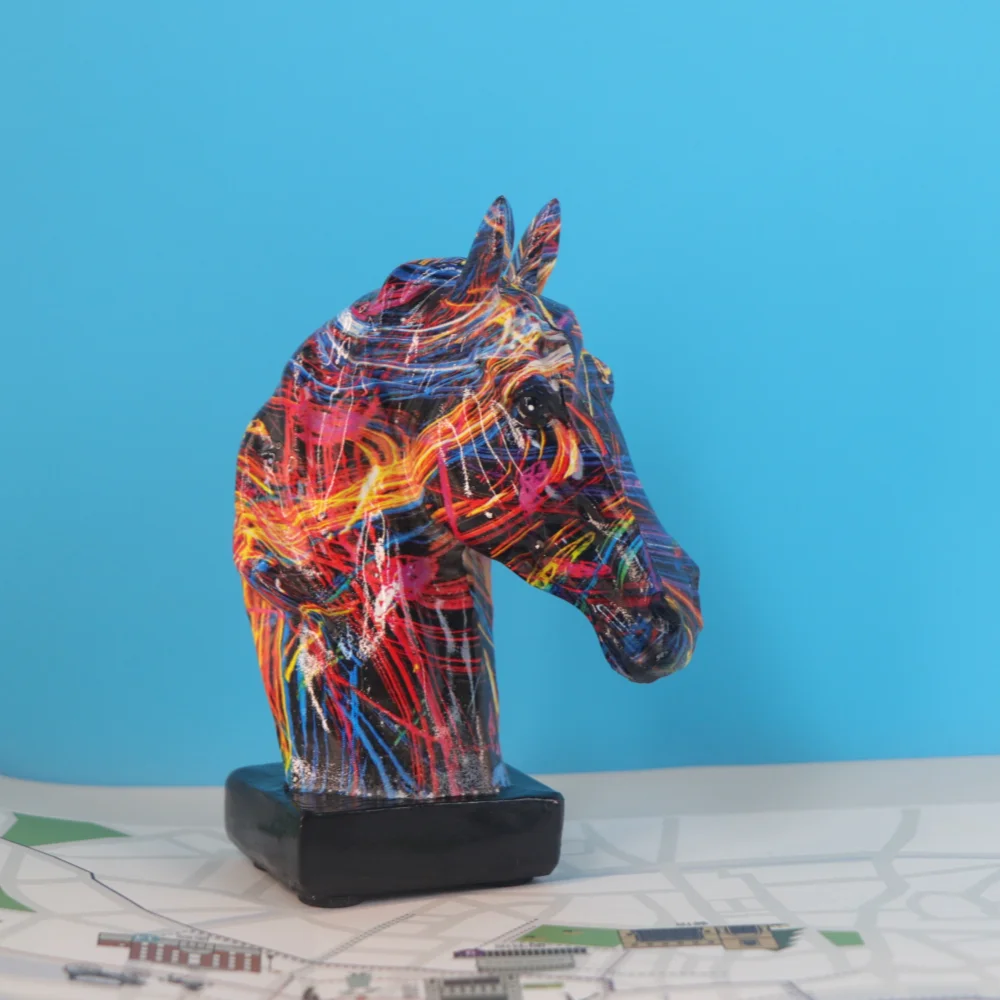 Colorful Horse Head Statue, Resin, Collectible Ornament, Graffiti Art