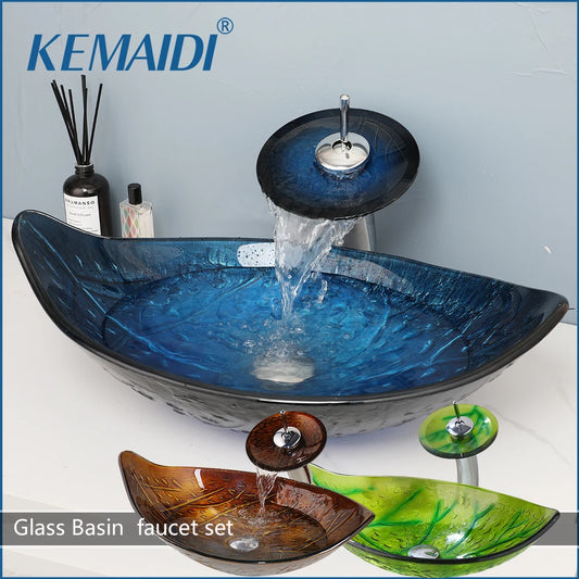 Oval Sink, Waterfall Faucet, Tempered Glass, Above Counter