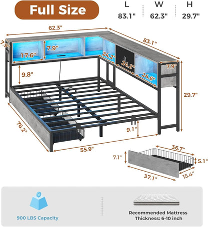Corner Full Bed Frame, Bookcase Storage, Led Lights, Storage Drawers, Charging Station