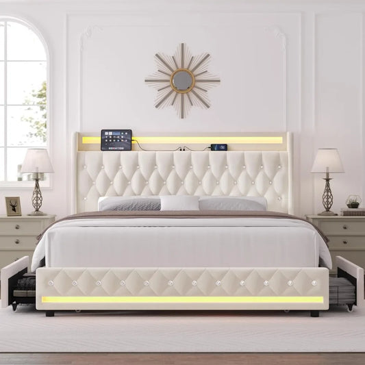 Velvet Upholstered KIng Bed, Charging Station, 4 Storage Drawers, Platform, Metal Frame