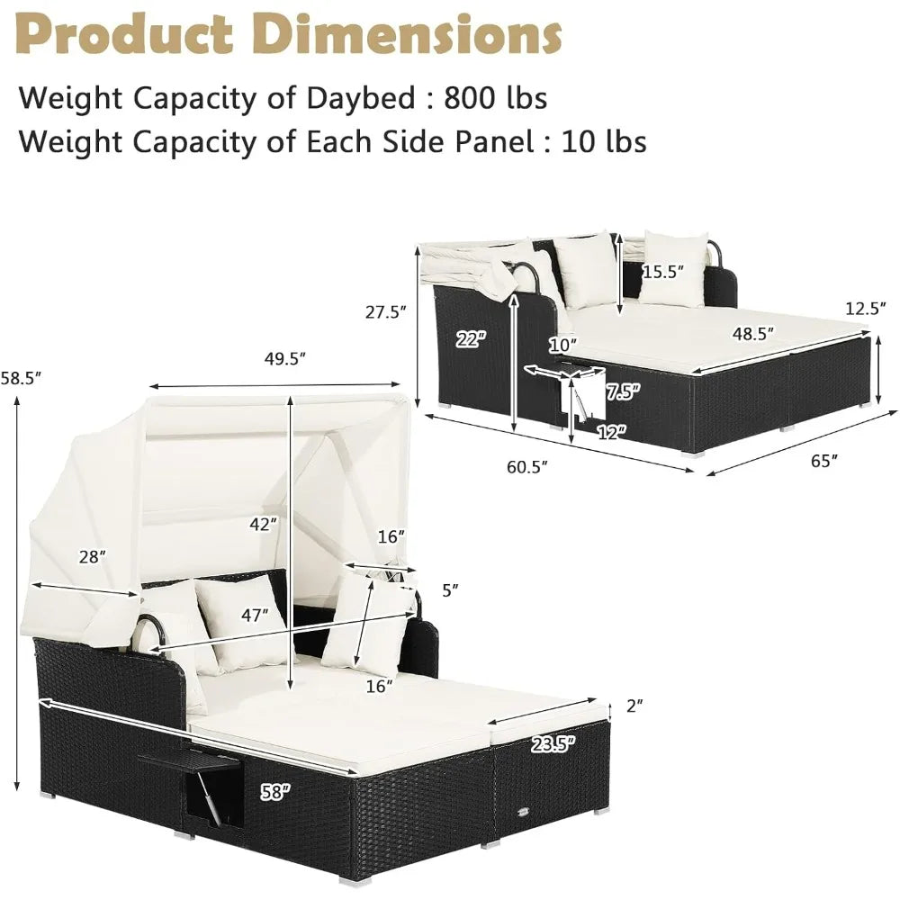Patio Rattan Daybed, Wicker, Lounger, Retractable Canopy