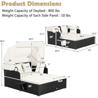Patio Rattan Daybed, Wicker, Lounger, Retractable Canopy