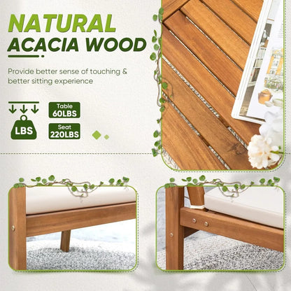 3 Piece Acacia Wood Patio Furniture, Coffee Table, & Cushions