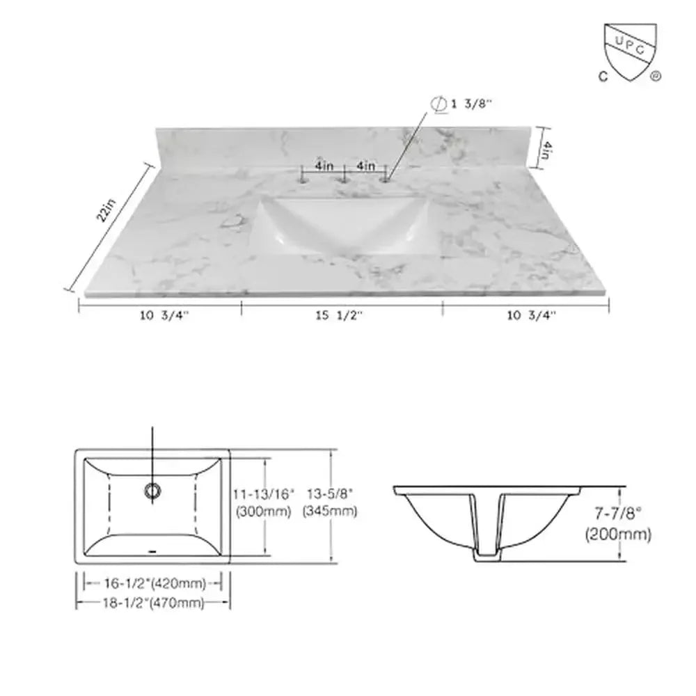 Rectangle Marble Vanity Top, 37" Sink, White Carrara Stone, Backsplash