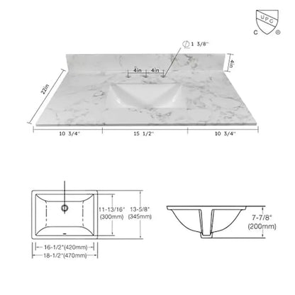 Rectangle Marble Vanity Top, 37" Sink, White Carrara Stone, Backsplash
