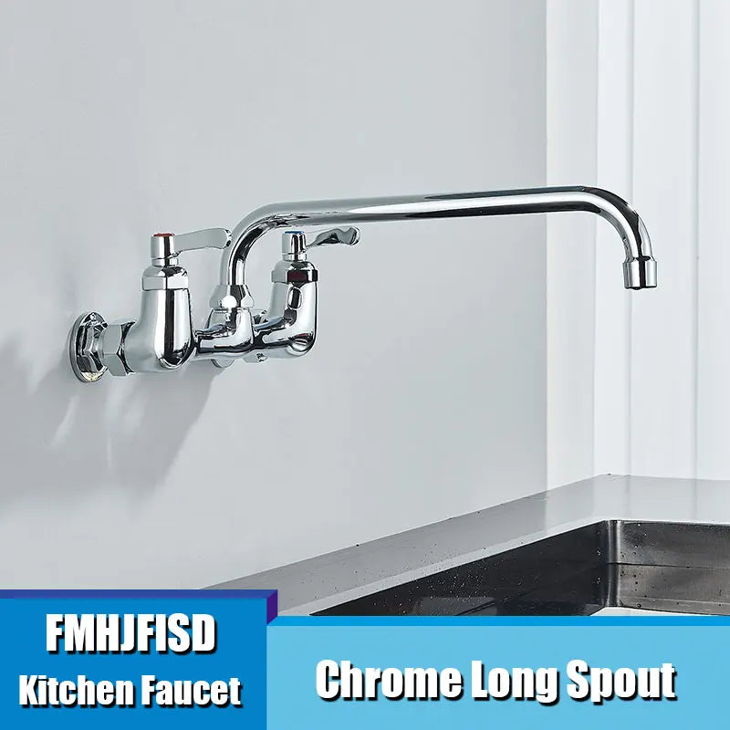 Long Spout Kitchen Sink Faucet, Wall Mounted, Dual Handle