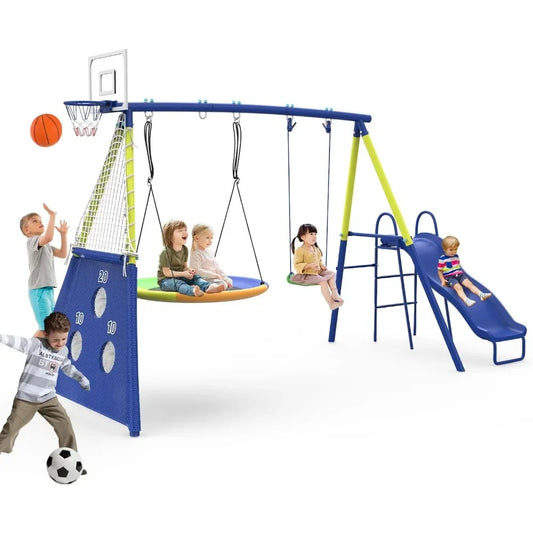 Swing Set, Slide, Heavy-Duty Metal, Basketball Hoop Plus More