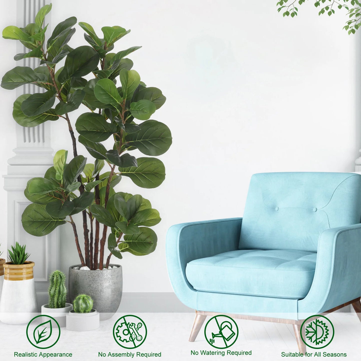 Artificial Fig Leaf Tree, 2 Different Sizes. 72 Leaves. Pot Included, Indoor ,Outdoor