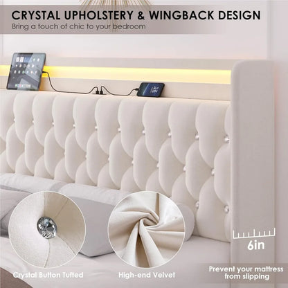 Velvet Upholstered KIng Bed, Charging Station, 4 Storage Drawers, Platform, Metal Frame