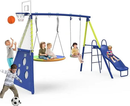 Swing Set, Slide, Heavy-Duty Metal, Basketball Hoop Plus More