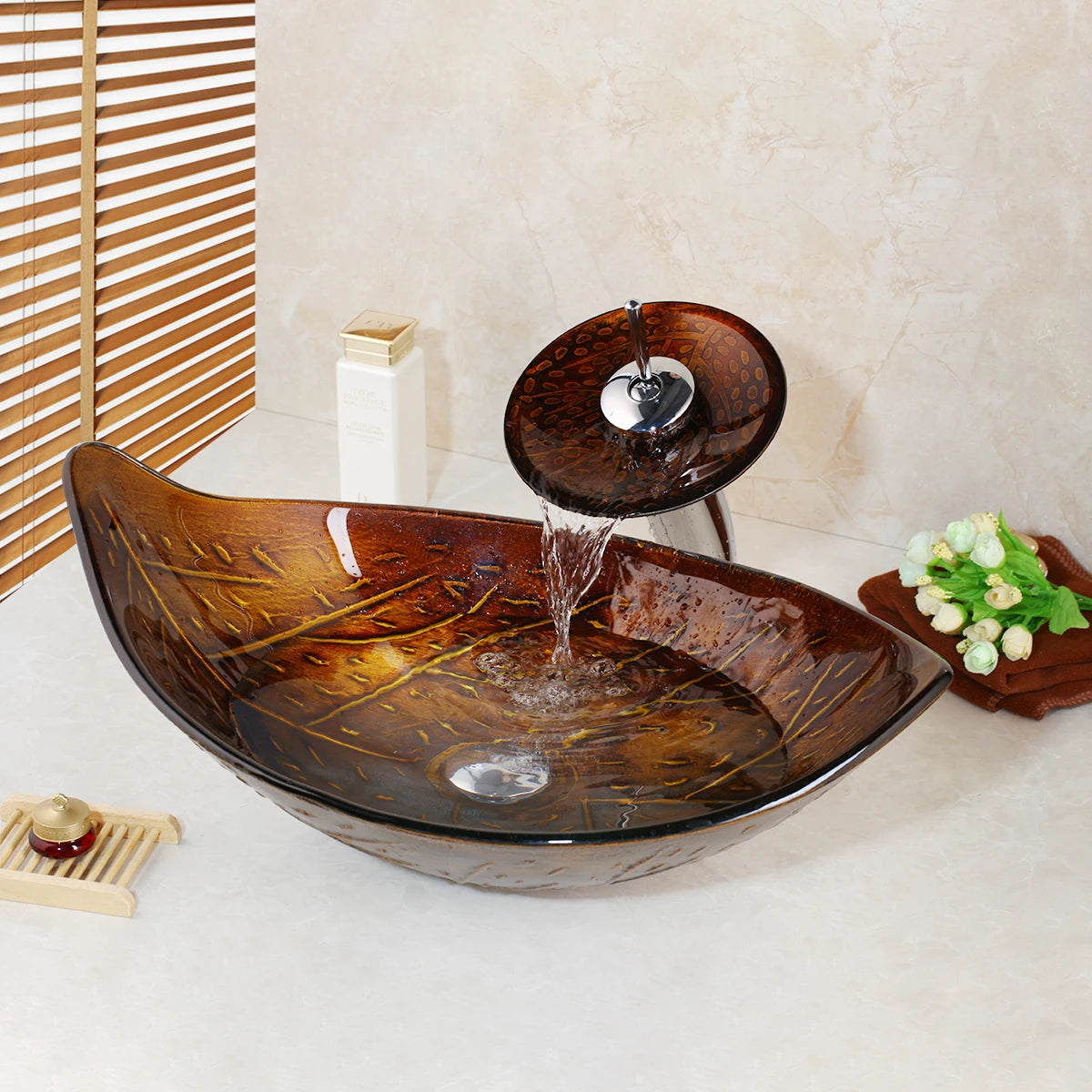 Oval Sink, Waterfall Faucet, Tempered Glass, Above Counter