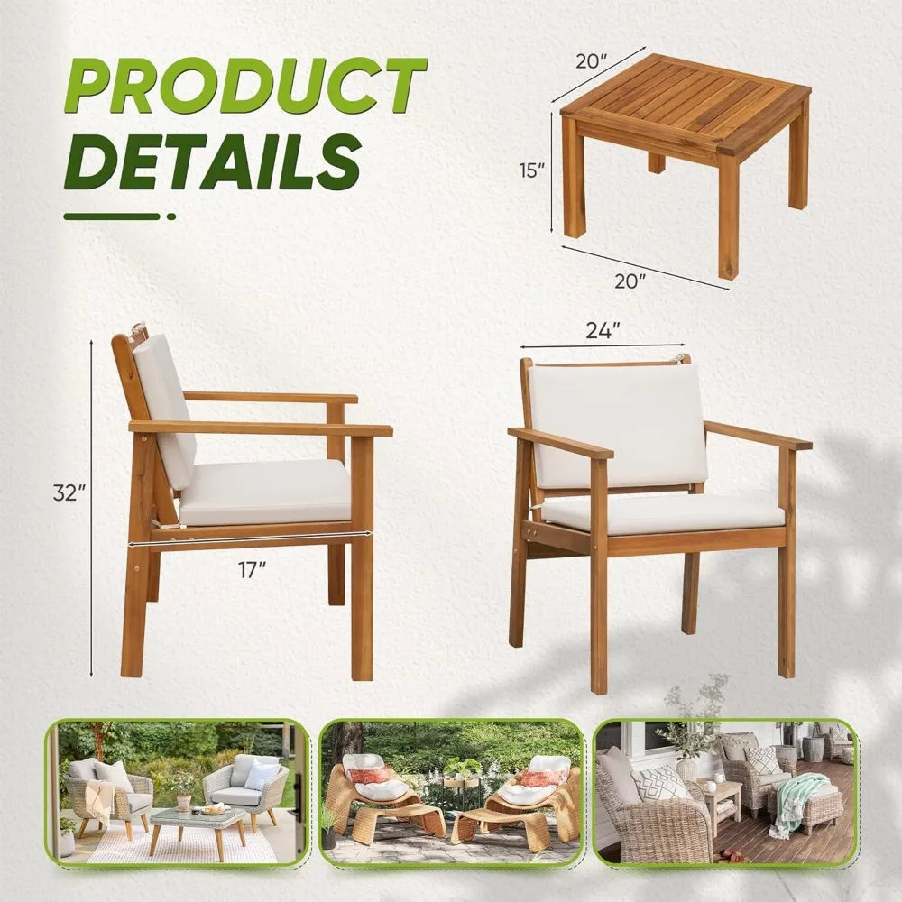 3 Piece Acacia Wood Patio Furniture, Coffee Table, & Cushions