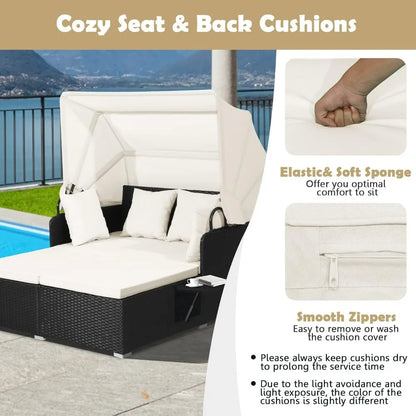Patio Rattan Daybed, Wicker, Lounger, Retractable Canopy