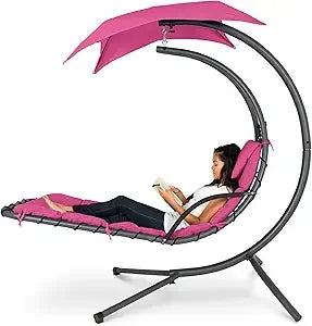 Outdoor Hanging Curved Steel Lounge Chair, Swing, Built-in Pillow, Removable Canopy, 14 Colors